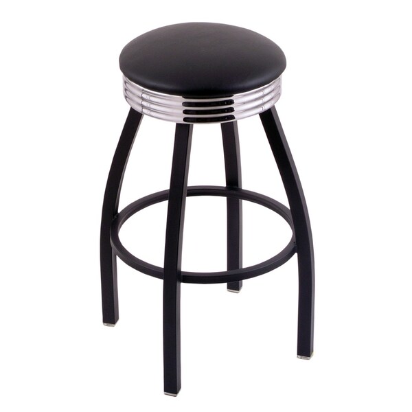 25" Counter Stool, Black Wrinkle, Accent Ring, Vinyl Seat, 360 Swivel